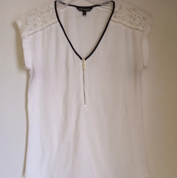 Express vegan leather trimmed vneck half zip with lace inserts satiny blouse - Picture 1 of 7